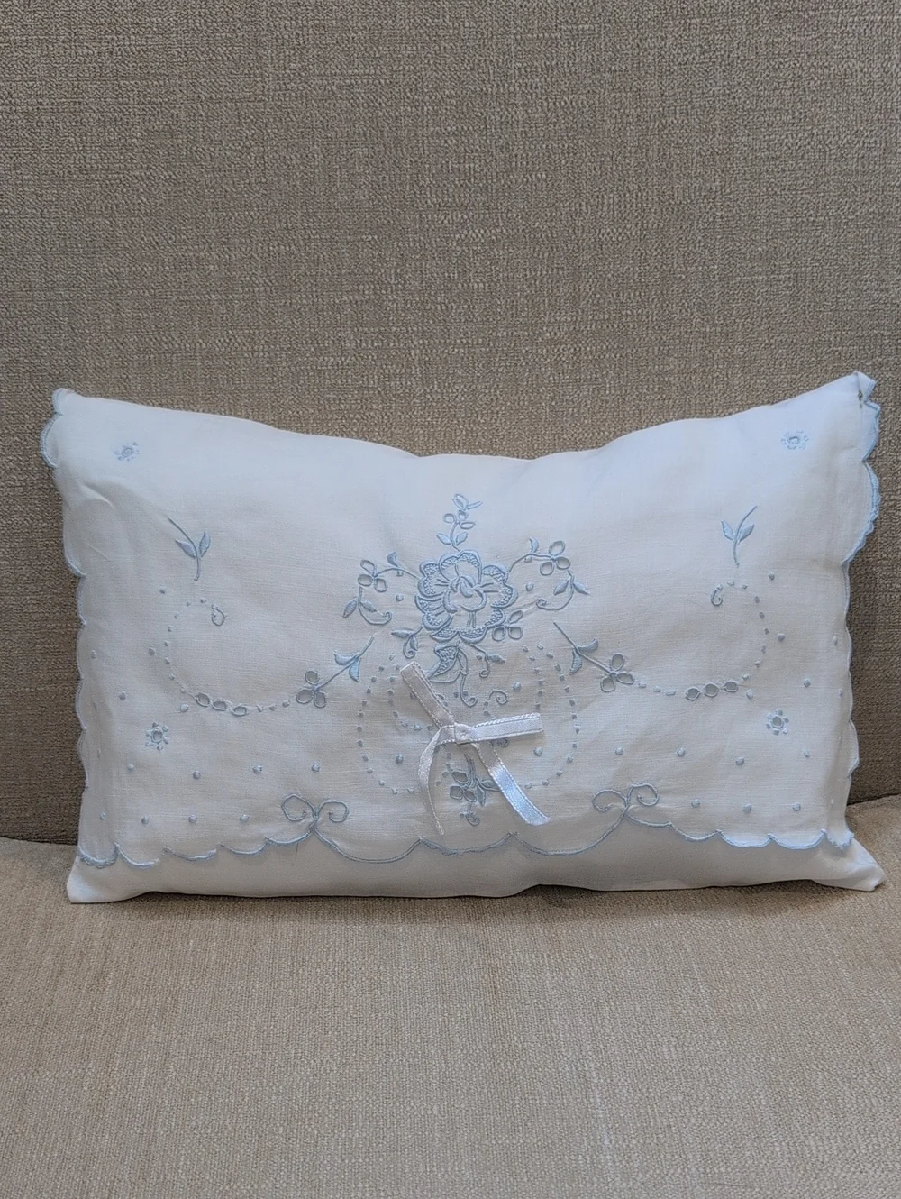 Embroidered White Pillow Sham with Light Blue Eyelet Lace Floral Detail